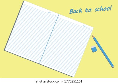 concept Back to school with notebook,pencil,eraser on yellow pastel color background