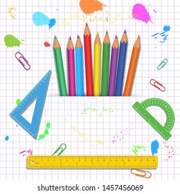 Concept of back to school poster with colorful school supplies set, different educational items on white background. Banner design template for shopping promotion