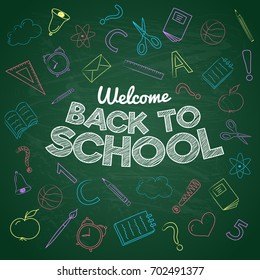 Concept of "Back to School" poster on green board. Vector.