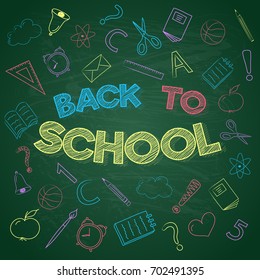 Concept of "Back to School" poster on green board. Vector.