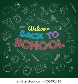 Concept of "Back to School" poster on green board. Vector.