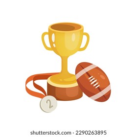 Concept Back to school rugby winner. The illustration is a vibrant and energetic back-to-school design featuring a cartoon rugby golden trophy against a white background. Vector illustration.