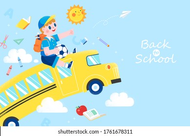 Concepto de regreso a la escuela, estudiante en un autobús amarillo que va a la escuela, diseñado en estilo plano