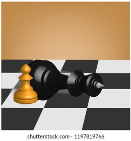 Concept background. Chess desk with pawn and laying down king pieces. Vector 3d illustration.