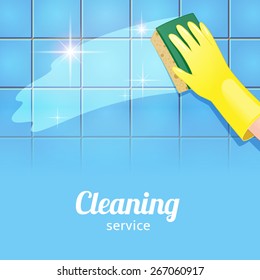 Concept background for cleaning service. Hand in yellow glove cleans the blue tile