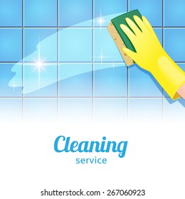 Concept background for cleaning service. Hand in yellow glove cleans the blue tile