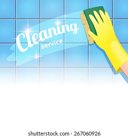Concept background for cleaning service. Hand in yellow glove cleans the blue tile