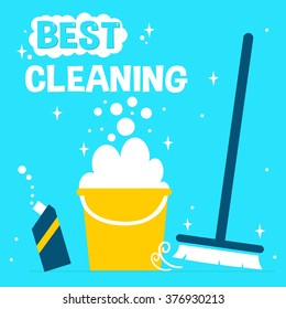 Concept background for cleaning service. Vector Cleaning supplies on bright background.