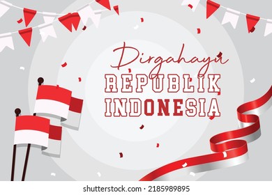 concept background design for banner or greeting card of Indonesia Independece or other national day with red-white flag and silhouette of state symbol and the lettering Dirgahayu Republik indonesia