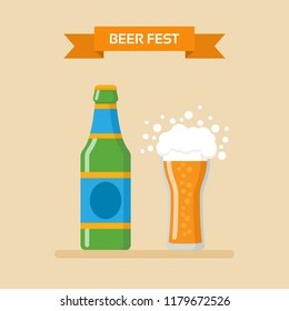Concept background with full glass of beer with foam and bottle. Template for flyer ,banner, poster and card design. Vector illustration.