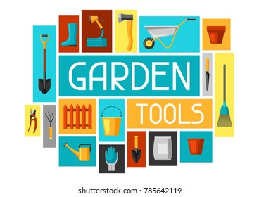 Concept background with garden tools and icons. All for gardening business illustration.