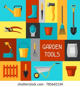 Concept background with garden tools and icons. All for gardening business illustration.