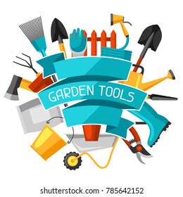 Concept background with garden tools and icons. All for gardening business illustration.