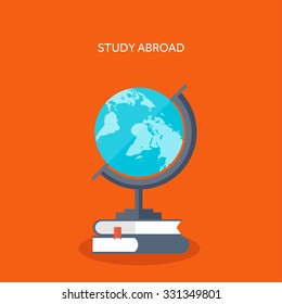 Concept background with globe and books, global education, online courses.