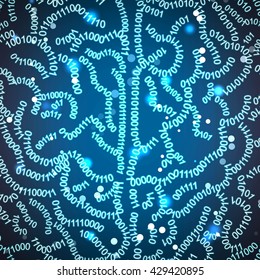 Concept background illustration of a close up human brain formed out of binary code digits. Shiny space hi-tech background with sparkles and numbers.