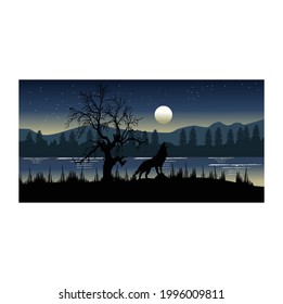 The concept Background illustration Moon view in the forest with a simple and elegant wolf image looks beautiful at night.