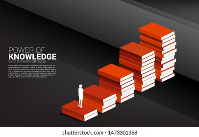 Concept background for power of knowledge. Silhouette of businessman move to cross wall with step from book stack.