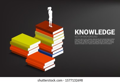 Concept background for power of knowledge. Silhouette of businesswoman standing on stack of books.