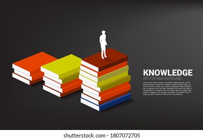 Concept background for power of knowledge. Silhouette of businessman standing on stack of books.