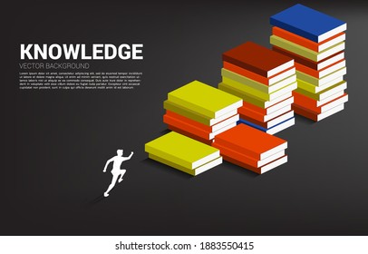 Concept background for power of knowledge. Silhouette of businessman running on stack of books.