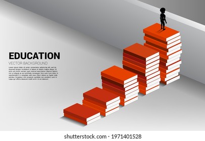 Concept Background For Power Of Knowledge. Silhouette Of Boy Move To Cross Wall With Step From Book Stack.