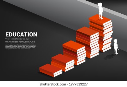Concept background for power of knowledge. Silhouette of girl move to cross wall with step from book stack.