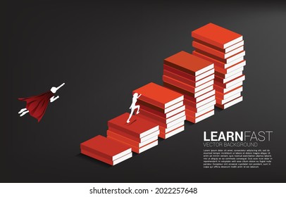 Concept background for power of knowledge. Silhouette of businessman running and flying on stack of books.
