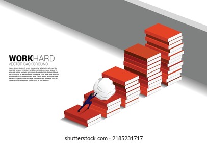 Concept background for power of knowledge. Silhouette of businessman push the rock up to top of stack of books.