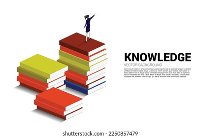 Concept background for power of knowledge. Silhouette of businesswoman standing and point ahead on stack of books.