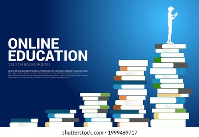 Concept background for power of knowledge. Vector silhouette man use mobile phone standing on stack of books.