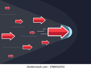 Concept background red arrow soaring forward, dash forward on navy blue background.