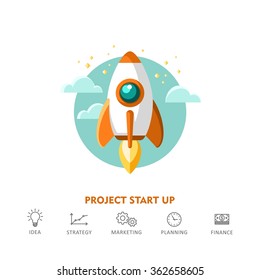 Concept background with rocket. Project start up new business. Launch new project. Flat vector illustration.