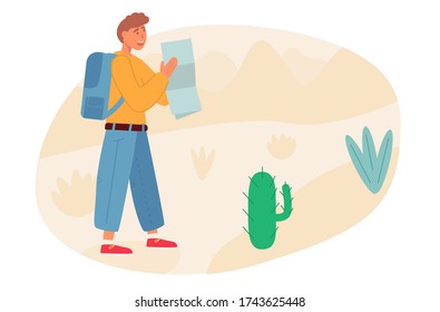 Konzept des Rucksacktourismus auf der Natur. Ein fröhlicher Mann mit einer Karte. Aktivitäten im Freien. Flachvektorbild.