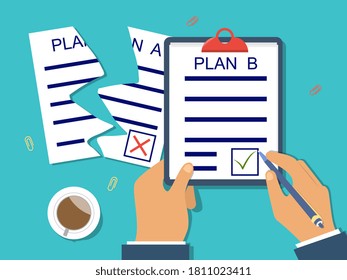 The concept of a backup plan. The entrepreneur tore up the document with plan A and approves plan B. Flat vector illustration