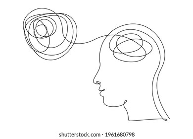 Concept of bad mental health. Human head with confused feelings and thoughts in one line art style. Continuous drawing illustration. Abstract linear Vector for banner, brochure, poster, presentation