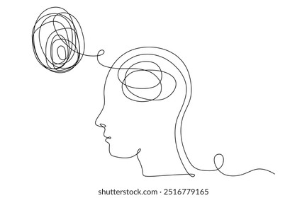 Concept of bad mental health. Human head with confused feelings and thoughts in one line art style. Continuous drawing illustration. Abstract linear Vector for banner, brochure, poster, presentation