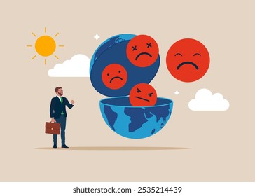 Concept of bad new and idea. Burnout from tiring work or demotivation from failure, stress. Businessman open globe to see angry faces. Flat vector illustration.