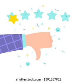 Concept of bad rate. Hand with thumbs down and 1 rating stars on white background. Flat design, vector illustration
