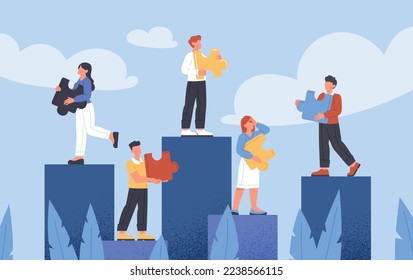 Concept of bad teamwork. Men and women with puzzles on cliff. Efficient Workflow. Poster or banner. Partners and colleagues, problems in communication and interaction. Cartoon flat vector illustration