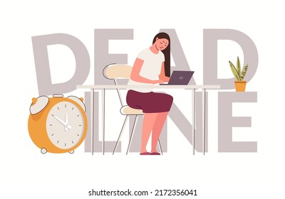 Concept of bad time management. Tired, stressed woman works at computer without raising her head. Clock shows end of term. Flat vector illustration. Cartoon characters.