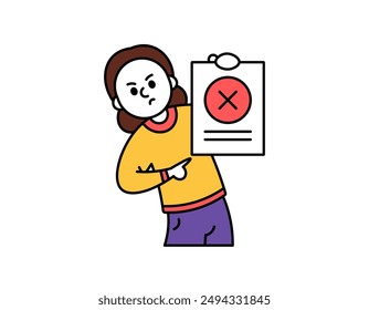 concept of bad work. job failed or rejected. wrong homework. illustration of a woman showing a piece of paper showing a cross symbol. outline style character design. graphic elements