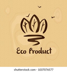 Concept badge, logo,  with text eco food product for corporate identity vegetable and fruit shop, market. Silhouette three tree forest with road on wood texture.