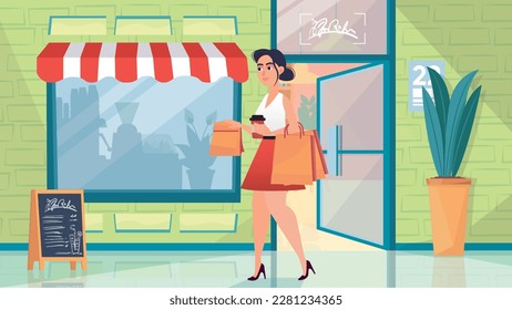 Concept Bakery with people scene in the background cartoon design. Woman came out of the bakery with coffee and delicious pastries. Vector illustration.