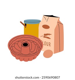 The concept of baking: flour, eggs and a baking dish.
