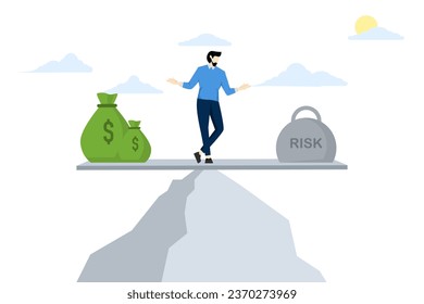 the concept of balance between risk and profit. Business risk. Financial management. entrepreneurs balance between business profits and risks at the top of the mountain. flat vector illustration.