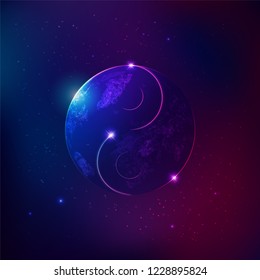 concept of balancing in universe, graphic of yin-yang symbol with earth and galaxy