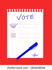 Concept of  ballot for voting in elections. Cute cartoon list, choice of options and pen. Electoral choice  concept of elections.  Vector color illustration isolated on red 