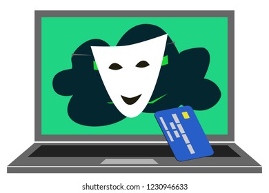 Concept of bank card stealing. Hacker is using mask to fool user and steal identity