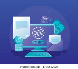 concept of bank online with computer desktop and icons vector illustration design
