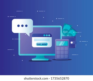 concepto de banco en línea con escritorio de computadora e iconos diseño de ilustración vectorial